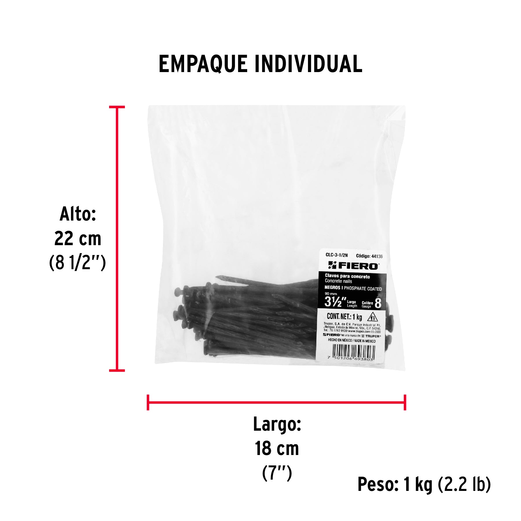 Clavos para concreto, 3-1/2", negros, bolsa de 1 kg