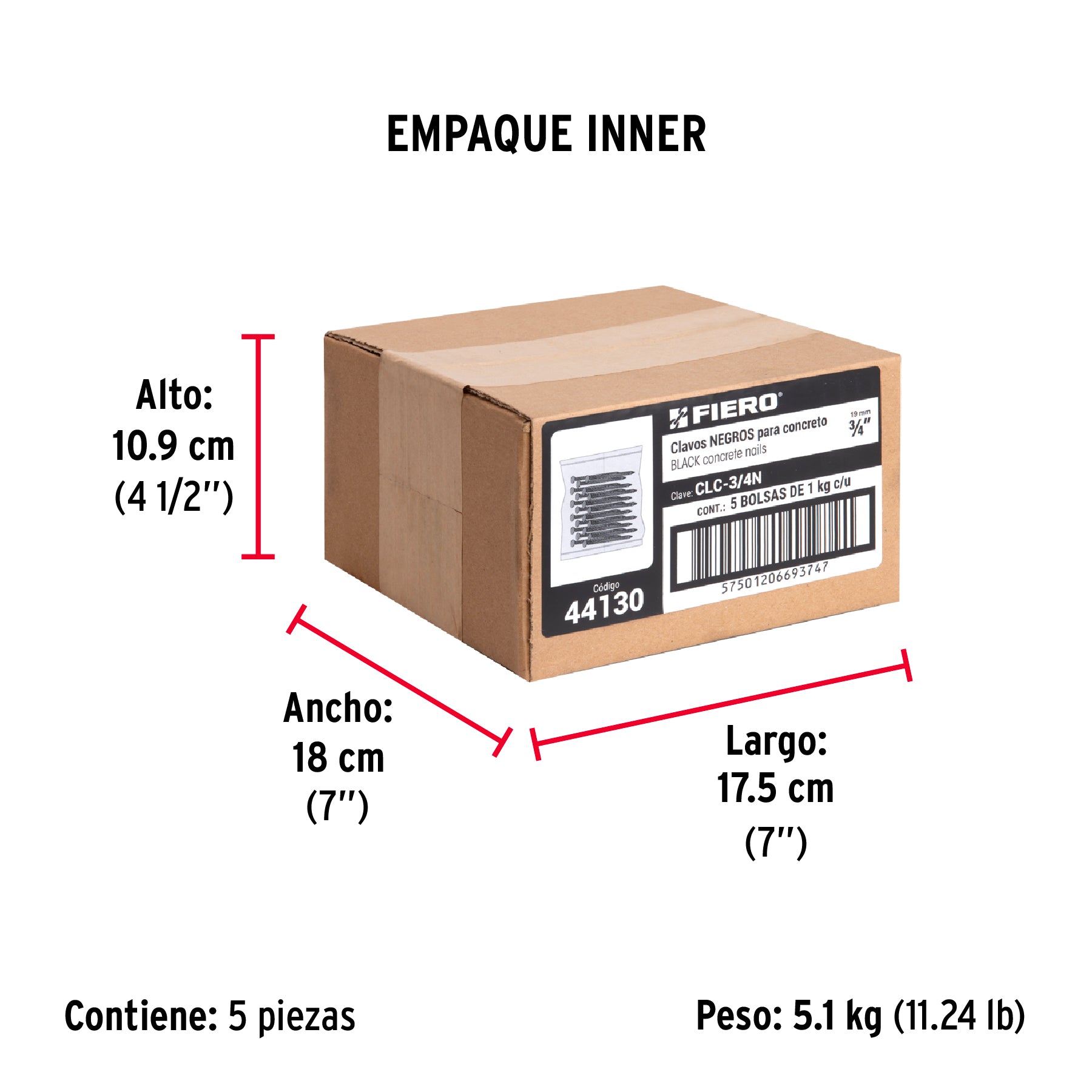 Clavos para concreto, 3/4", negros, bolsa de 1 kg