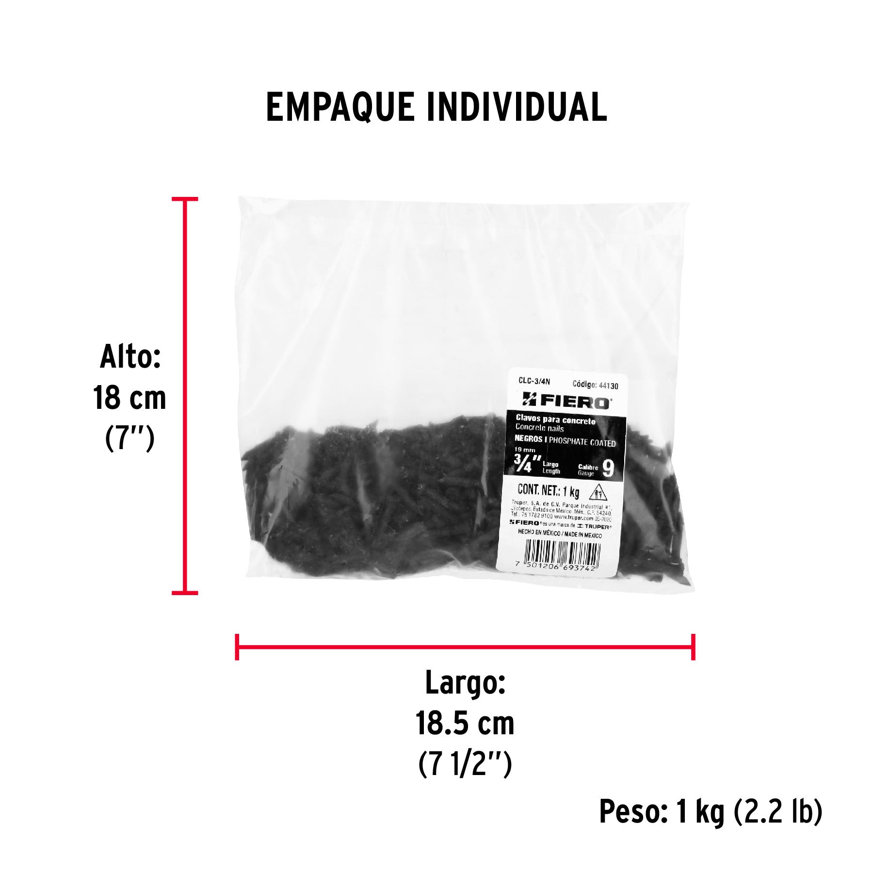 Clavos para concreto, 3/4", negros, bolsa de 1 kg