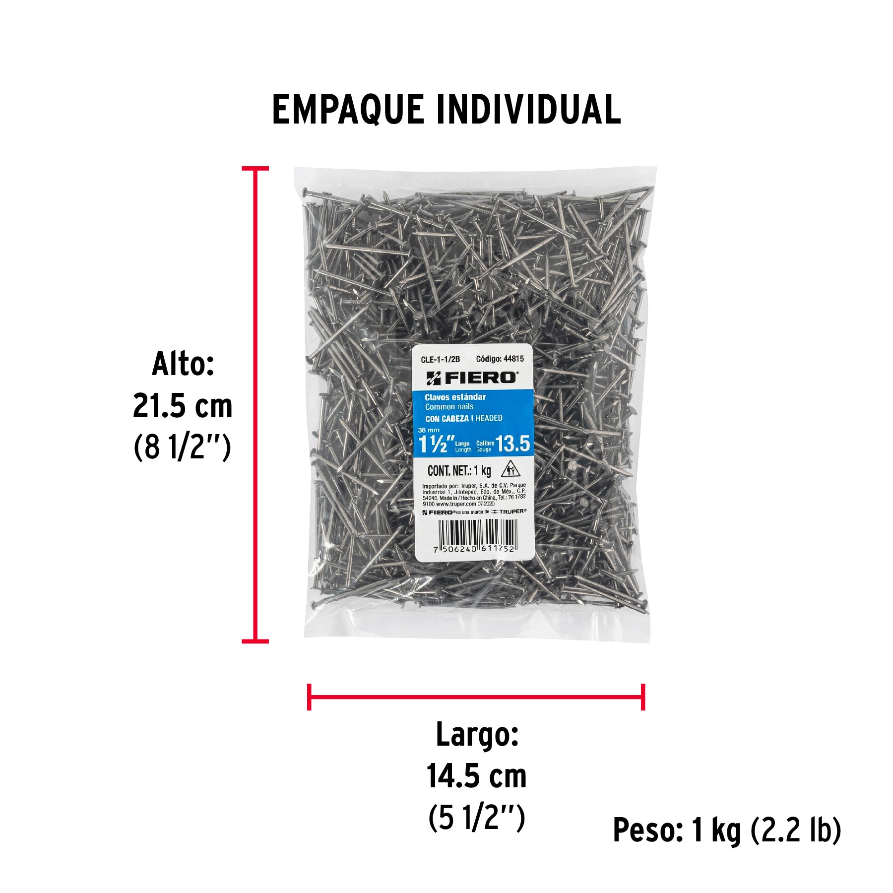 Clavo 1-1/2", con cabeza, bolsa de 1 kg