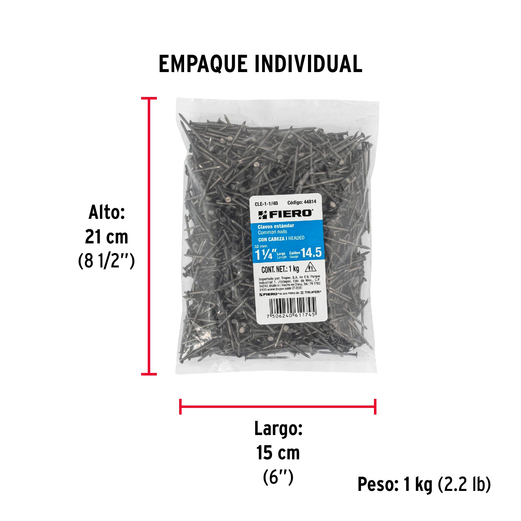 Clavo 1-1/4", con cabeza, bolsa de 1 kg