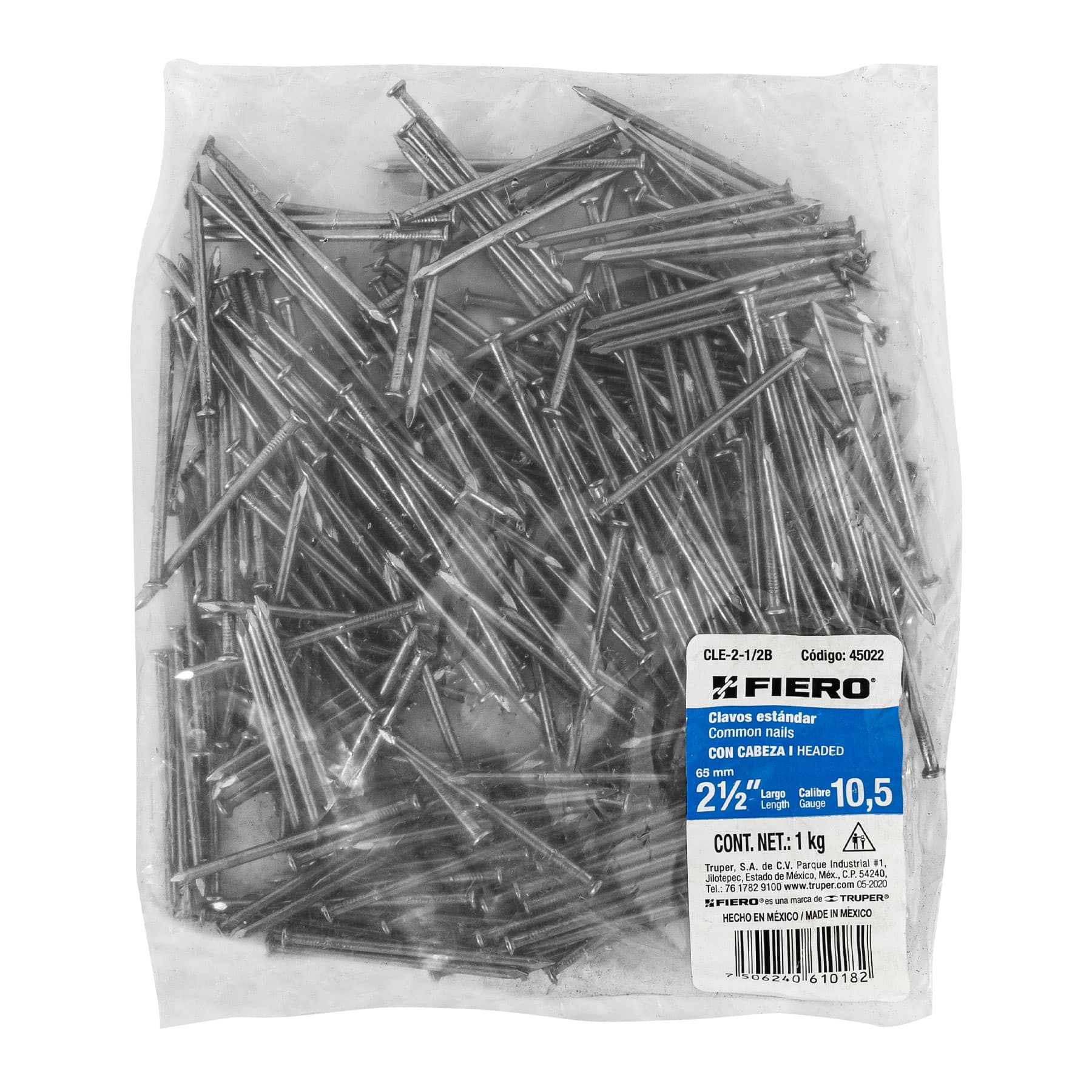 Clavo estandard, 2-1/2", con cabeza, bolsa de 1 kg