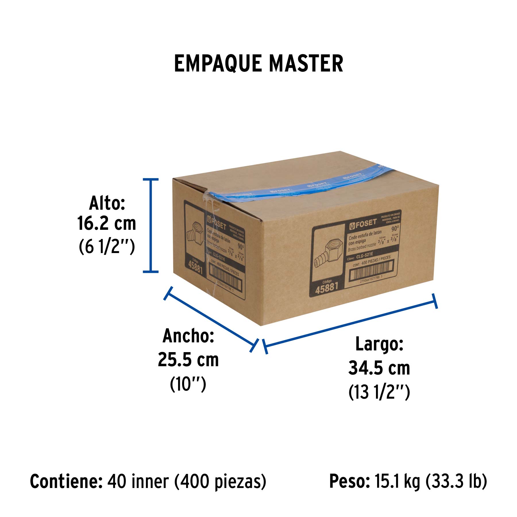 Codo estufa a 90° de latón con espiga de 3/8', Foset