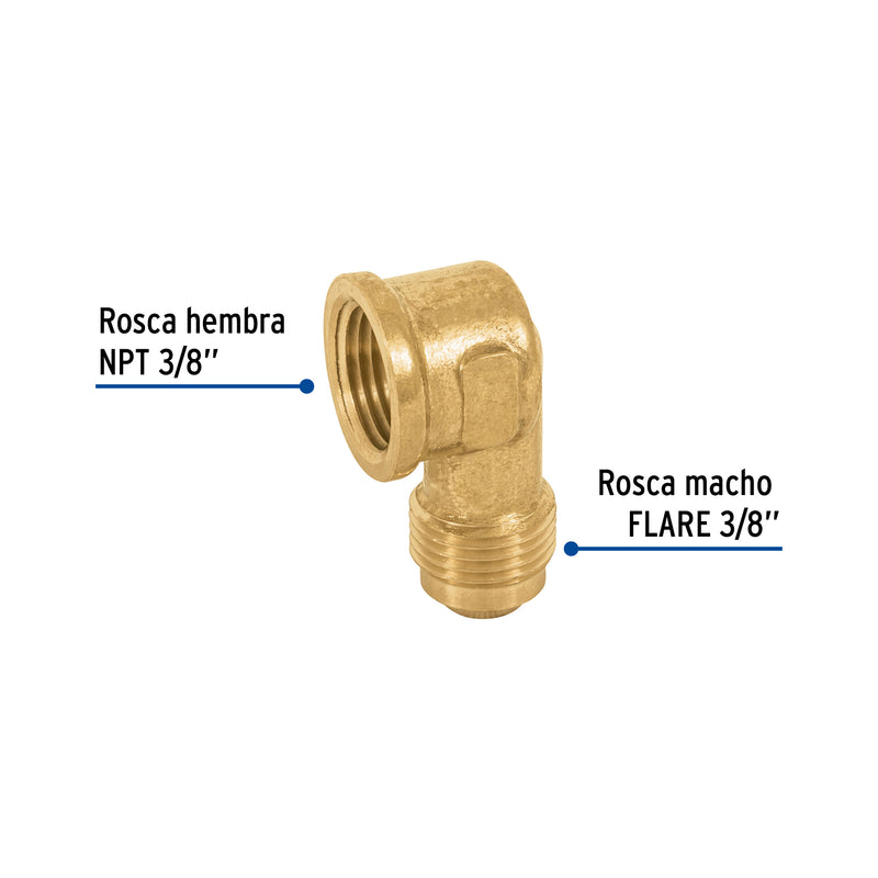 Codo para estufa a 90° de latón, 3/8 x 3/8"