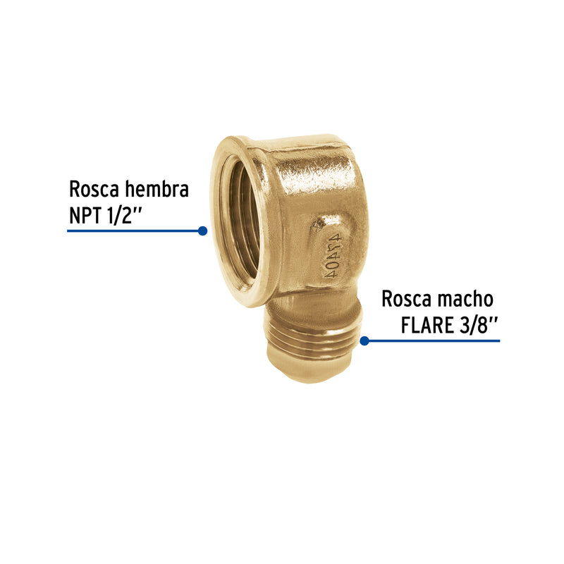 Codo para estufa a 90° de latón, 3/8 x 1/2"