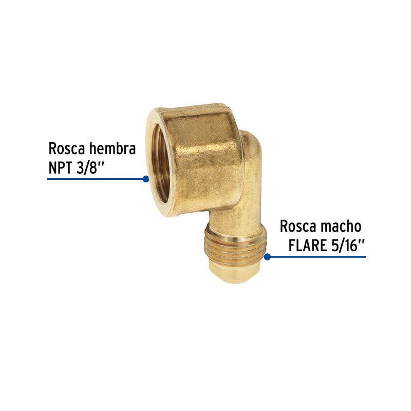 Codo para estufa a 90° de latón, 5/16" x 3/8"