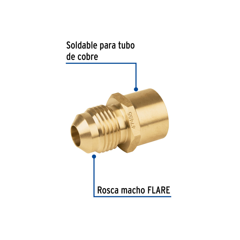 Conector de latón, flare soldable, 3/8" X 1/2"