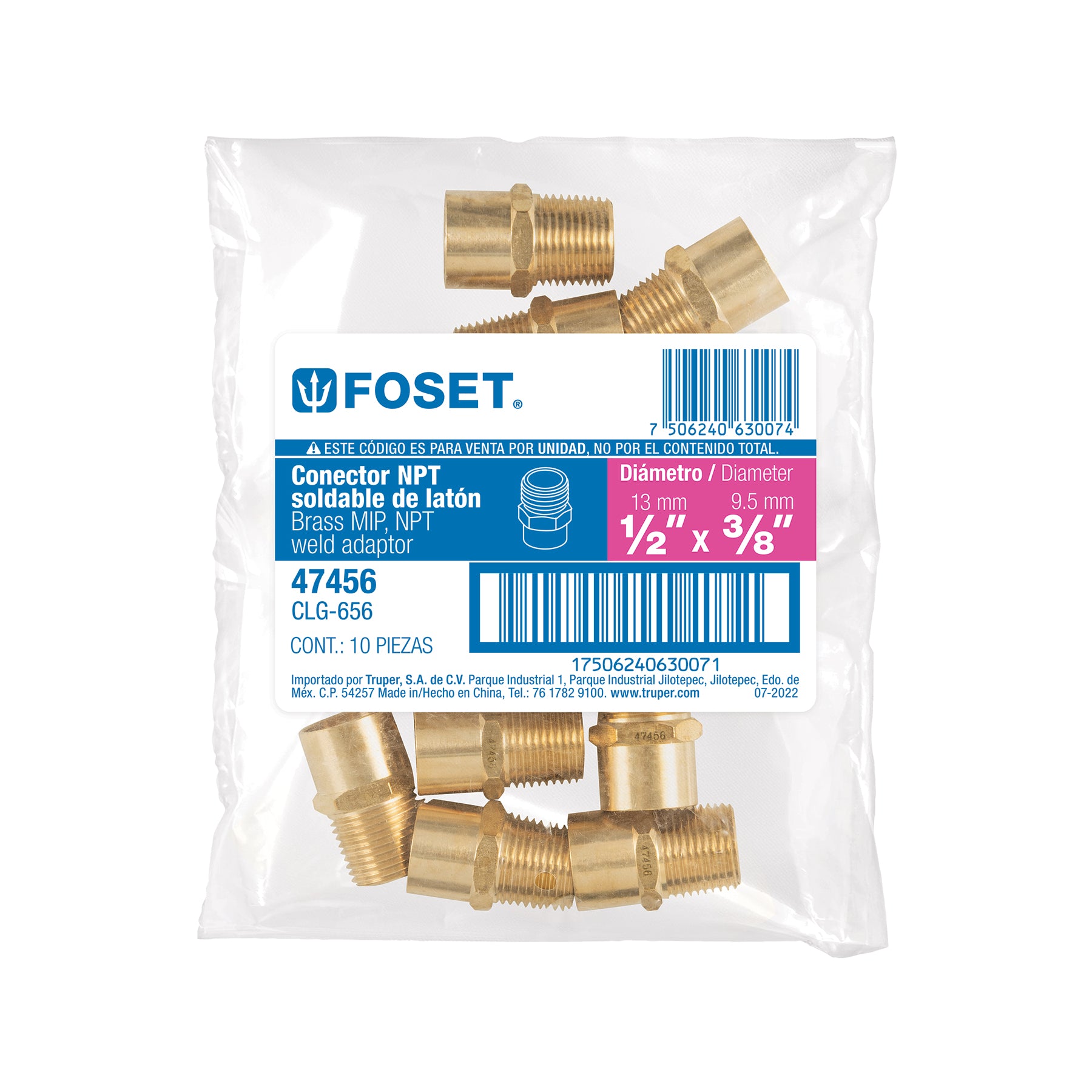 Conector de latón, NPT soldable,1/2" X 3/8"