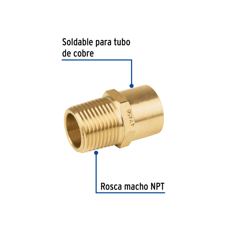 Conector de latón, NPT soldable,1/2" X 3/8"