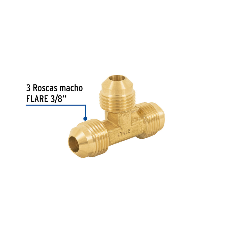 Tee unión de latón, 3/8"