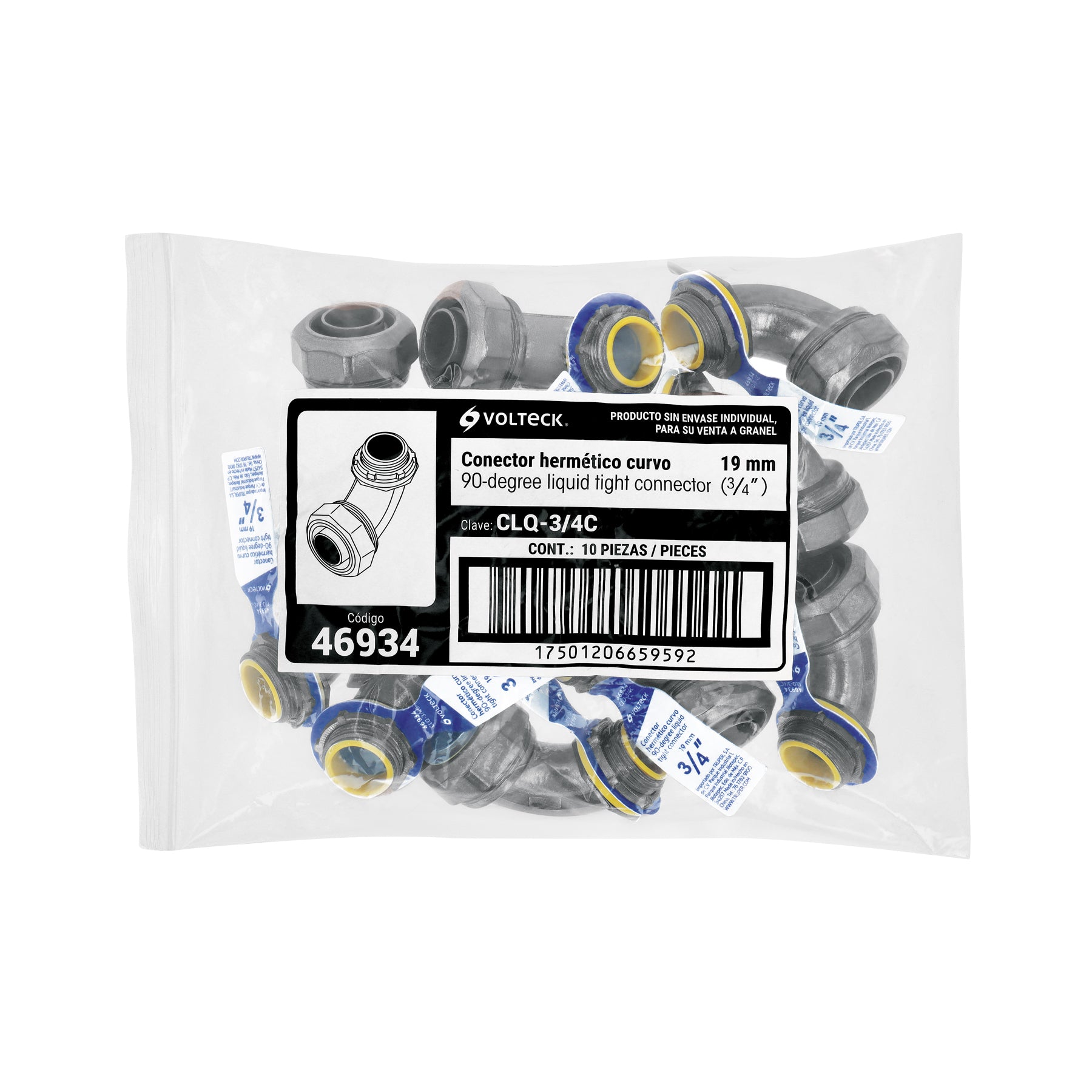 Conector liquid tight 3/4" curvo, Volteck