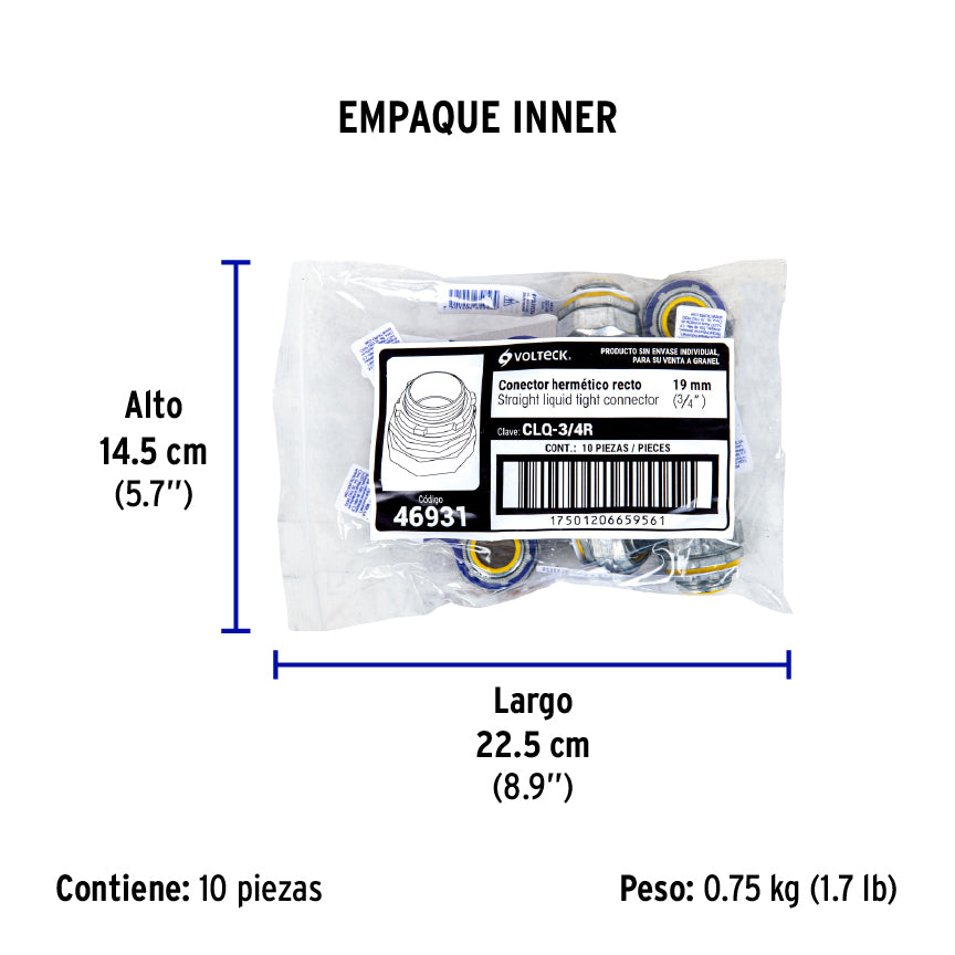 Conector liquid tight 3/4" recto, Volteck