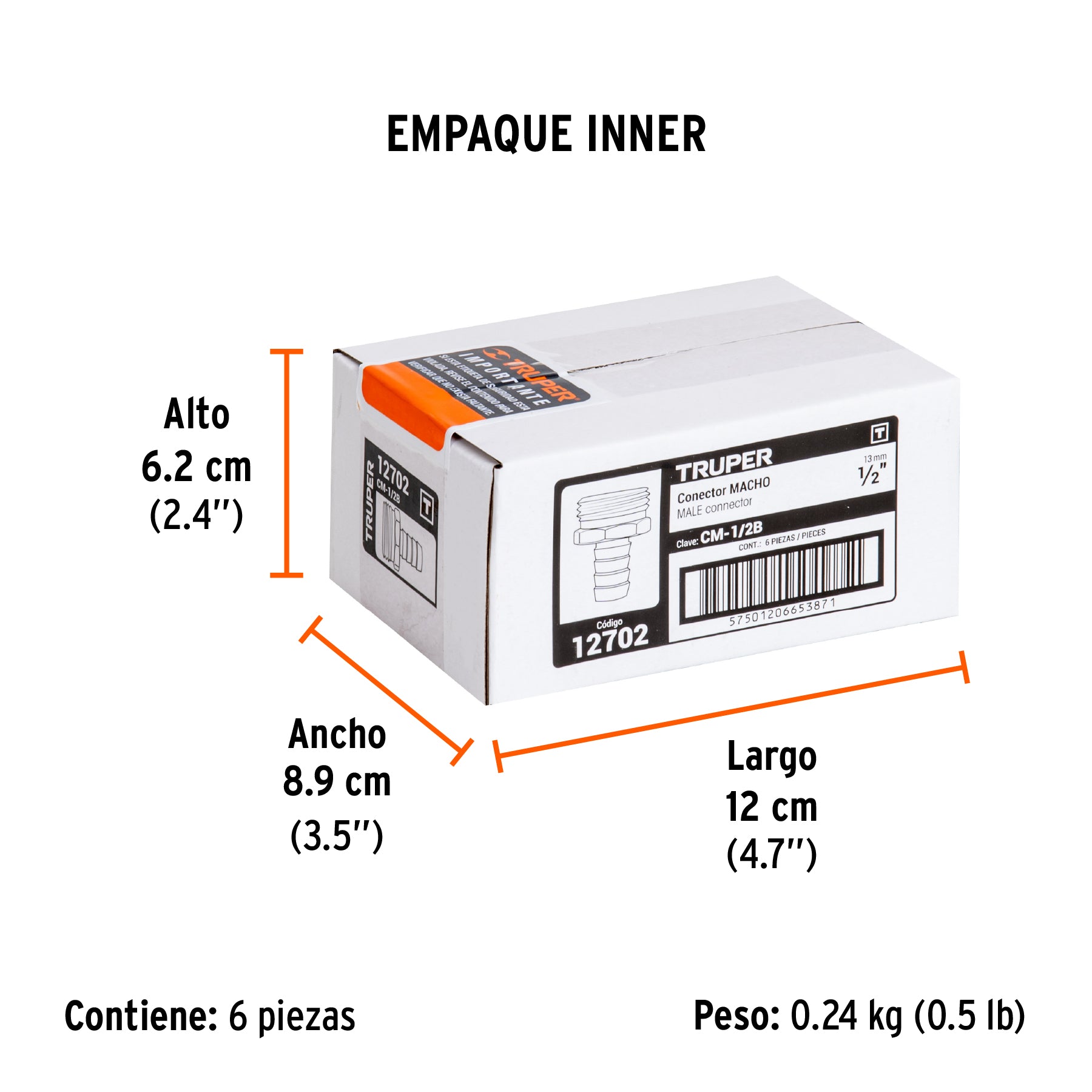 Conector sencillo 1/2", macho, de latón maquinado