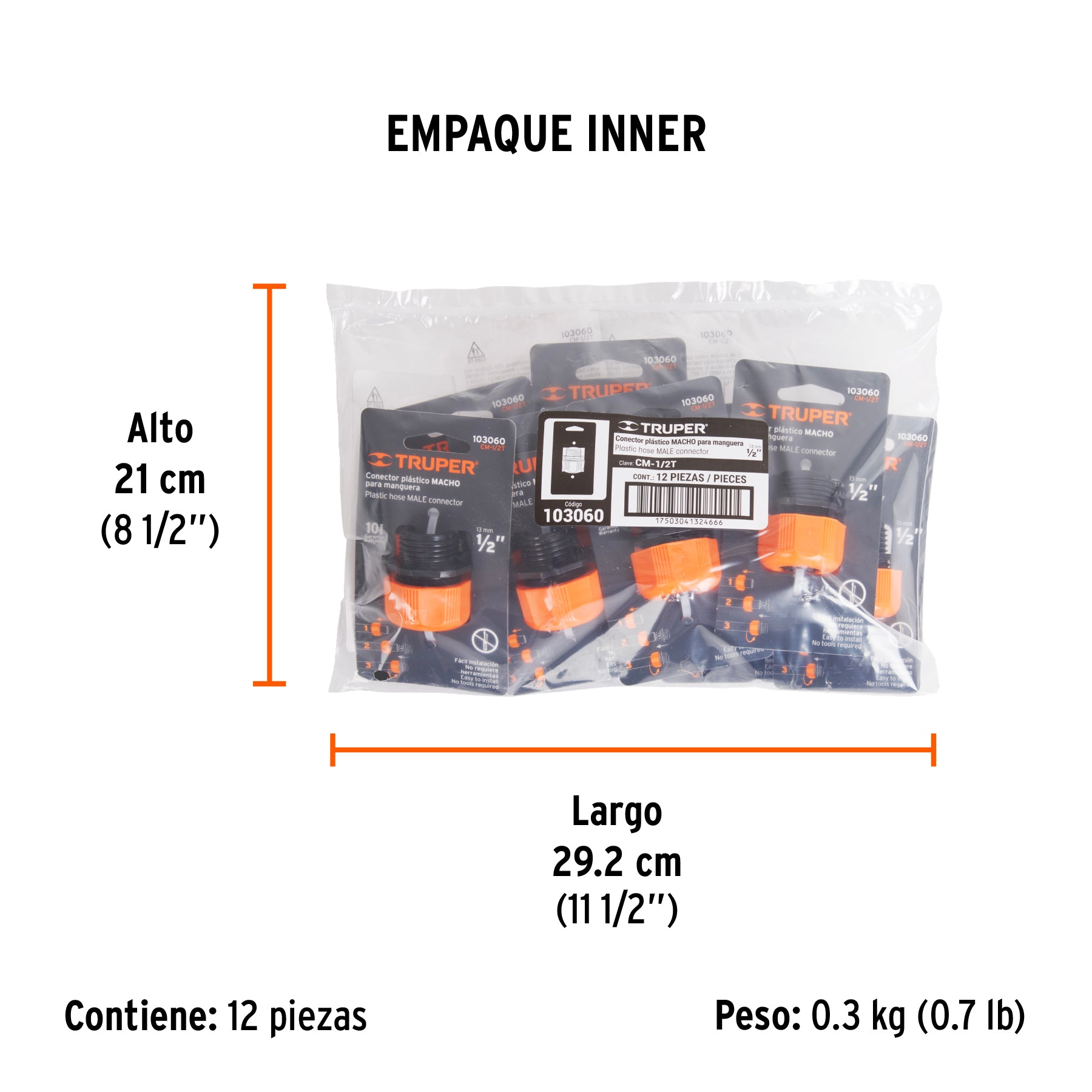 Conector 1/2' macho de ABS con tuerca de ajuste manual