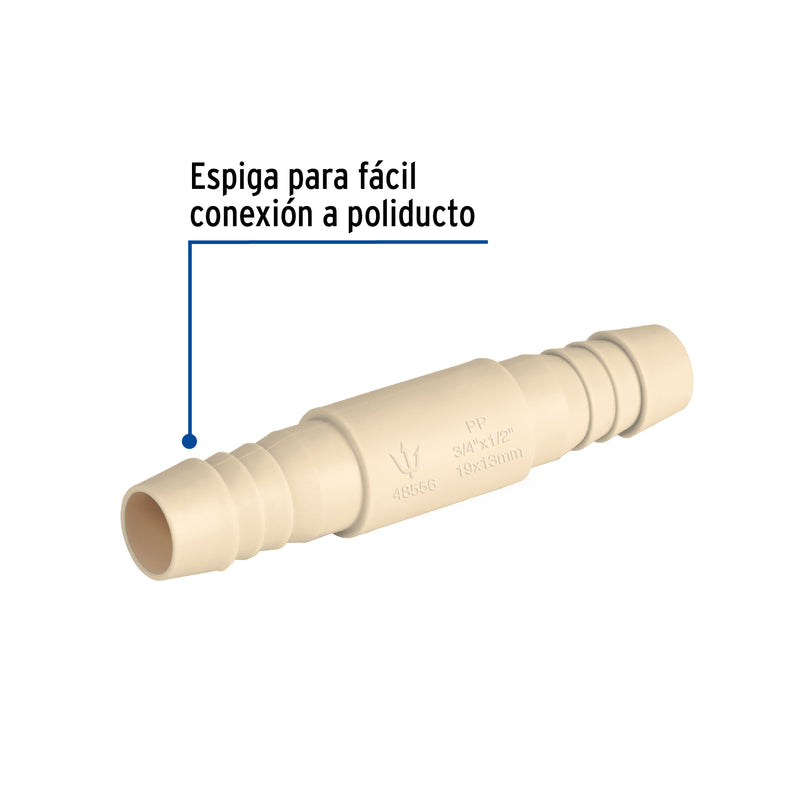 Cople inserción reducción de polipropileno de 3/4" x 1/2"