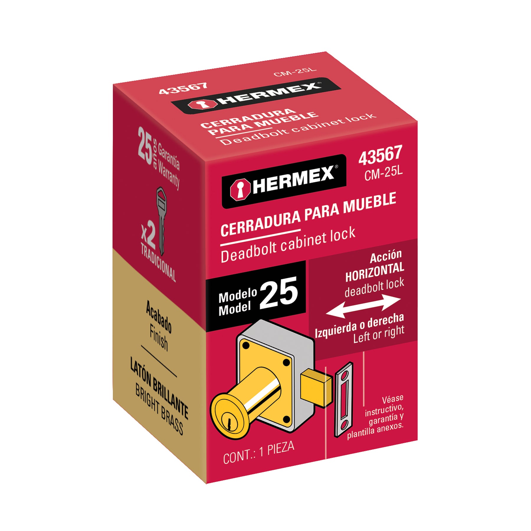 Cerradura para mueble, modelo 25, latón