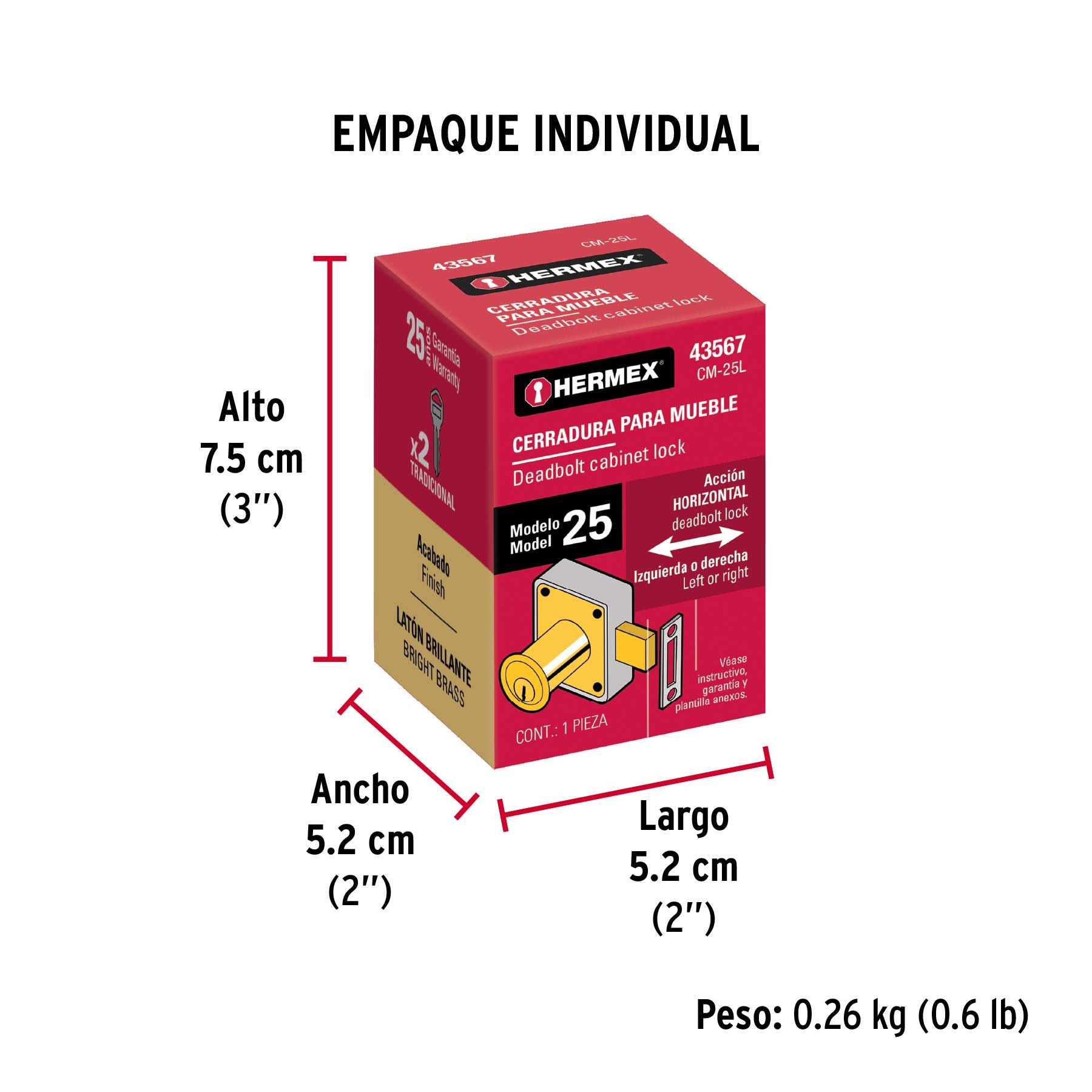 Cerradura para mueble, modelo 25, latón