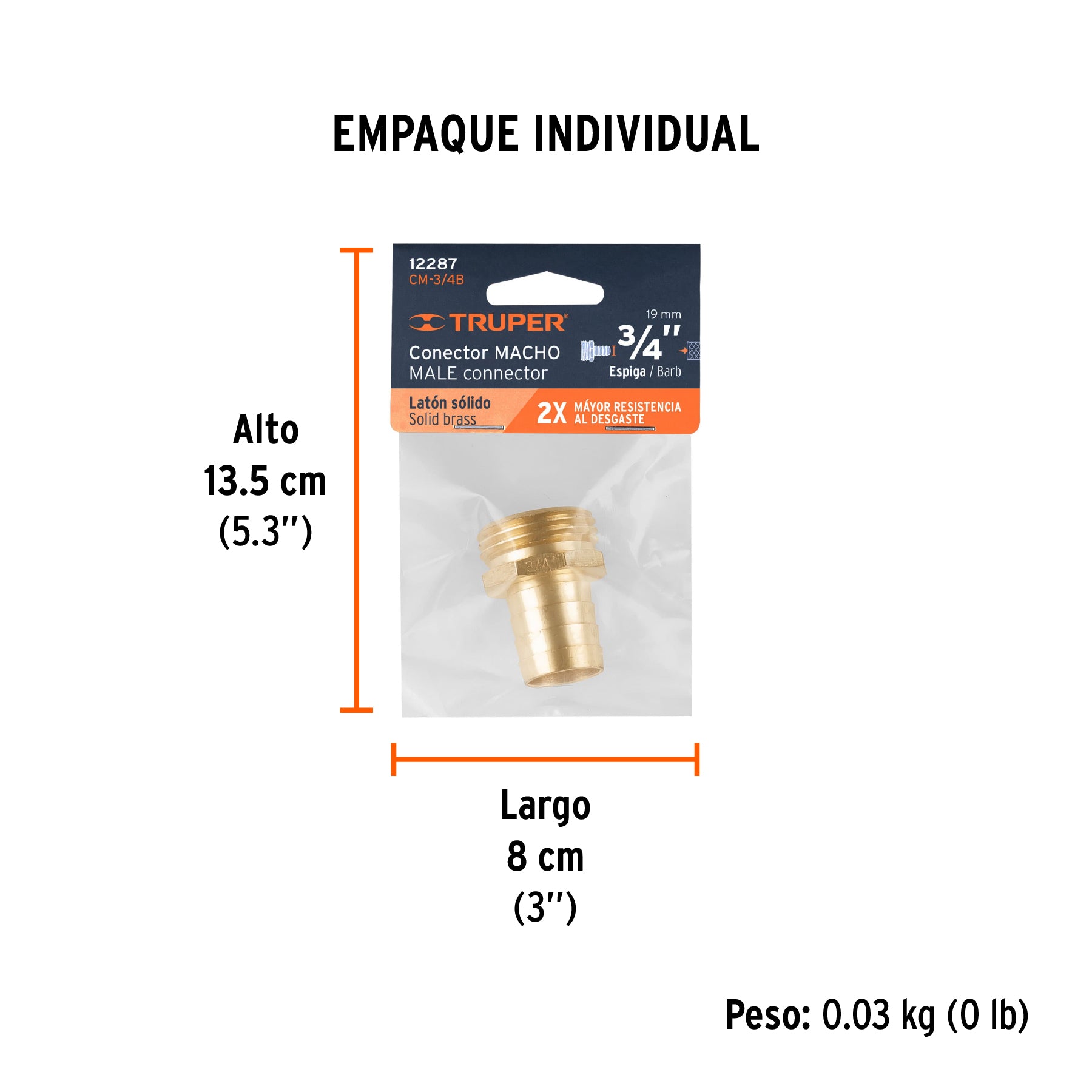 Conexión de laton macho de 3/4" para manguera, blister