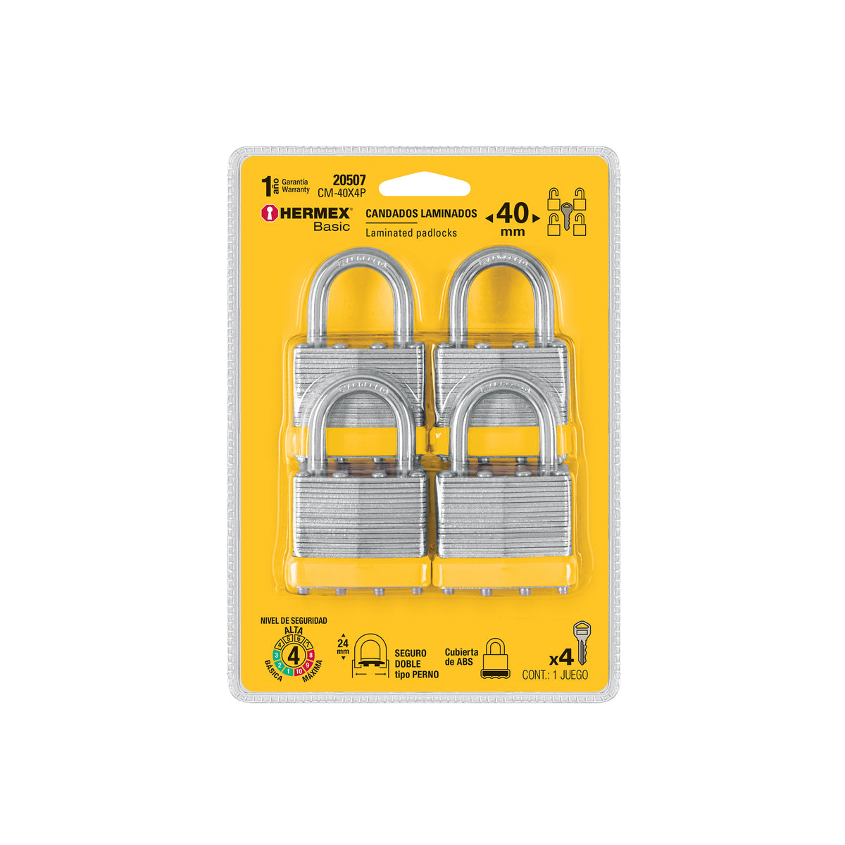 Candados laminados, 40mm, blister 4 piezas, Hermex Basic