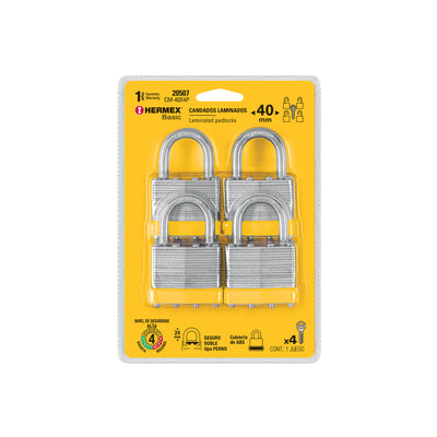Candados laminados, 40mm, blister 4 piezas, Hermex Basic