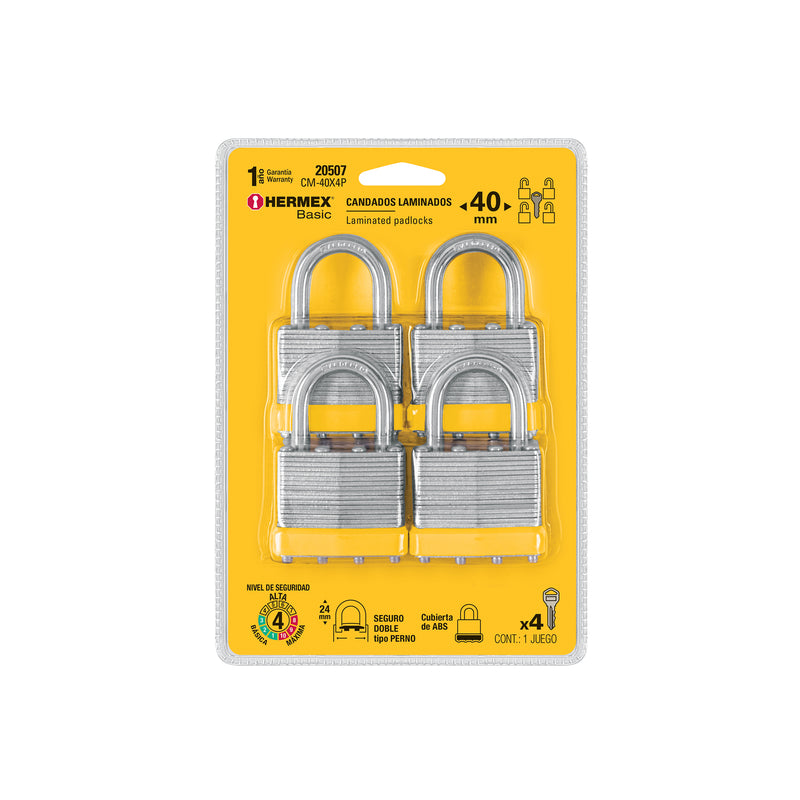 Candados laminados, 40mm, blister 4 piezas, Hermex Basic