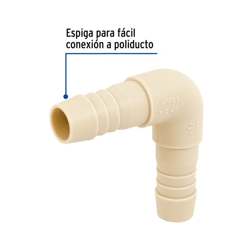 Codo 90° inserción de polipropileno, 3/4"