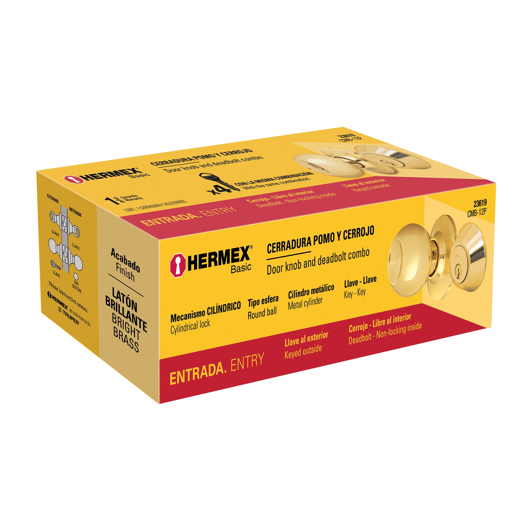 Combo cerraduras, llave-llave, latón brillante, Hemex Basic