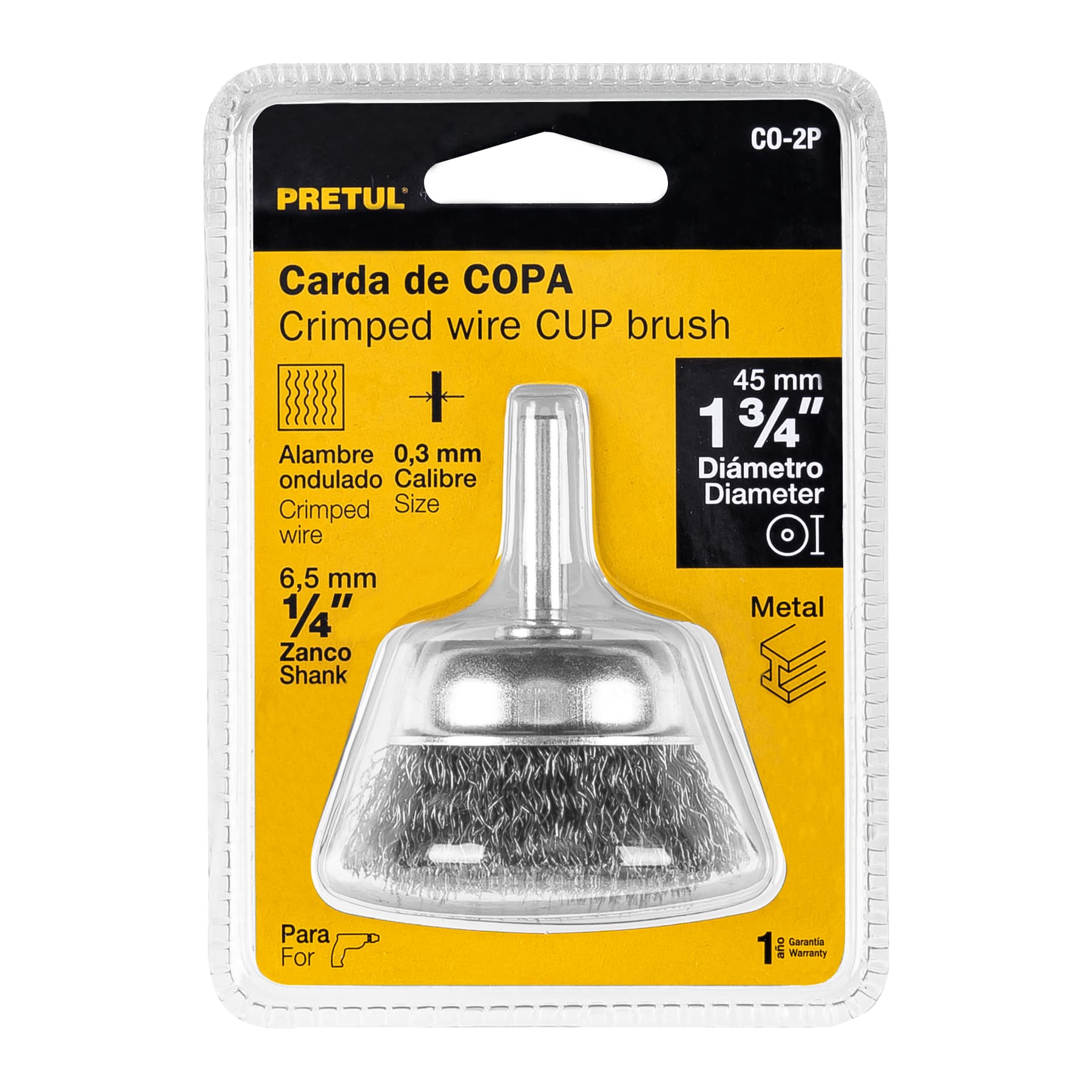 Carda de copa, alambre trenzado grueso, 2" p/taladro, Pretul