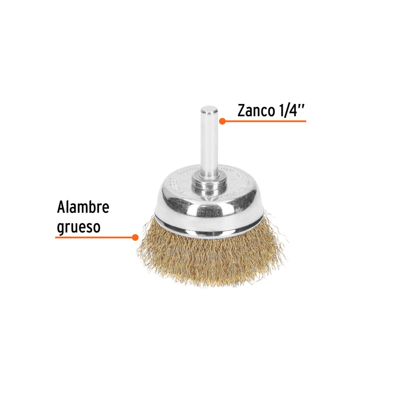 Carda de copa, alambre grueso, 1-3/4" para taladro