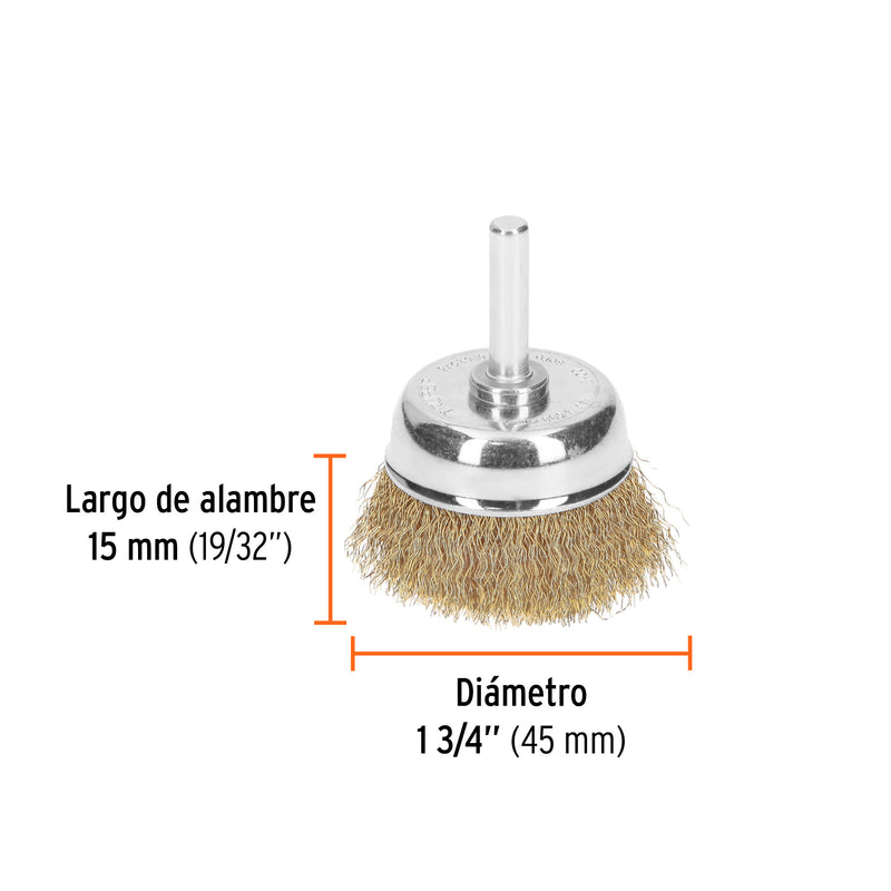 Carda de copa, alambre grueso, 1-3/4" para taladro