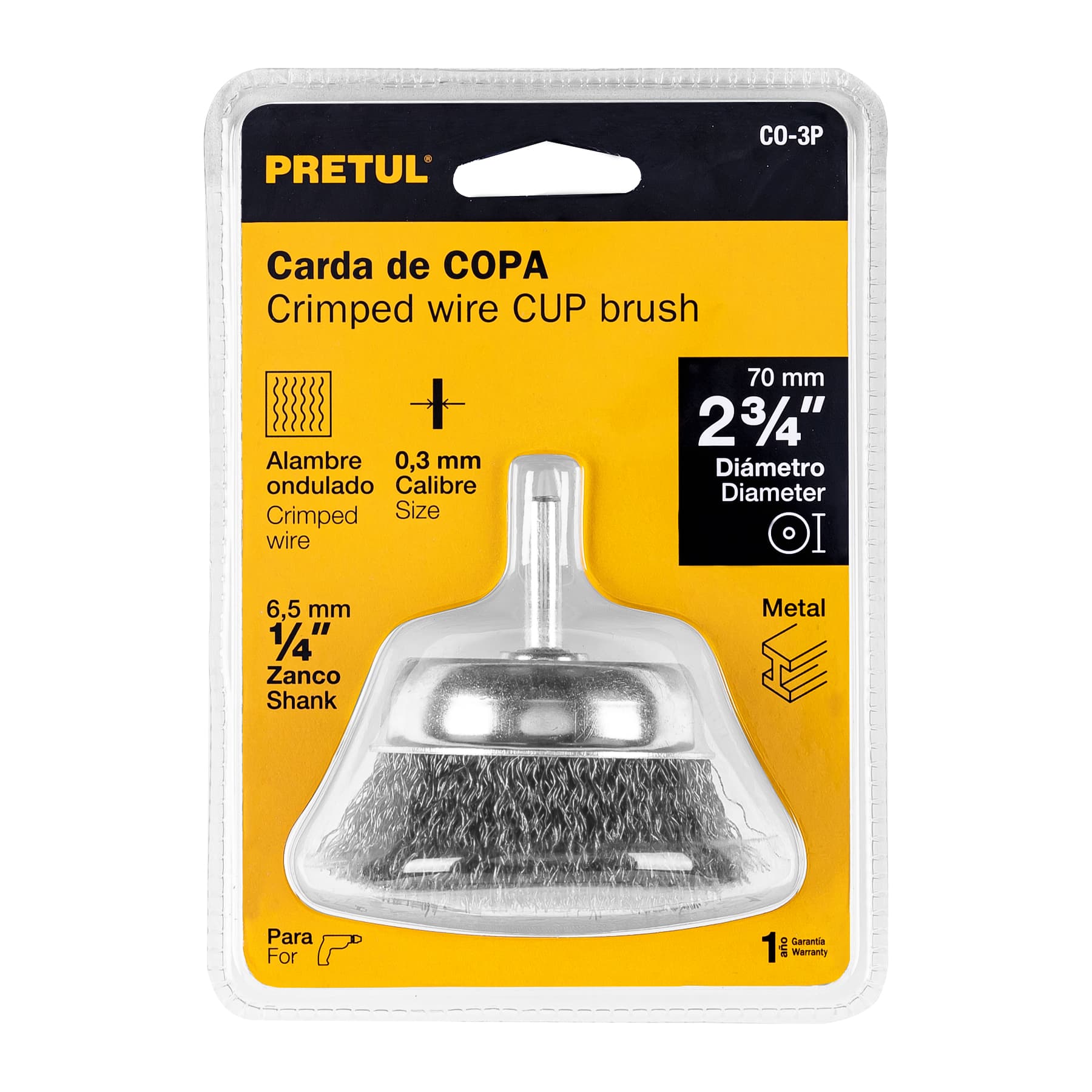 Carda de copa, alambre trenzado grueso, 3" p/taladro, Pretul