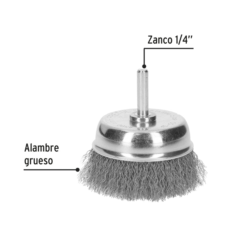 Carda de copa, alambre trenzado grueso, 3" p/taladro, Pretul