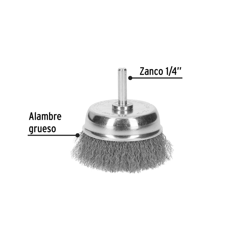Carda de copa, alambre trenzado grueso, 3" p/taladro, Pretul