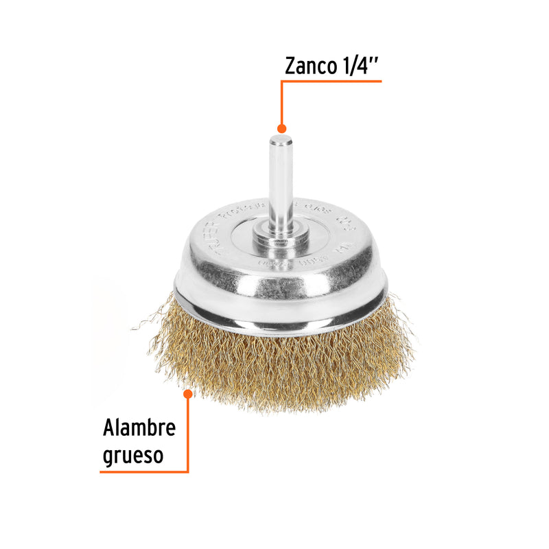 Carda de copa, alambre grueso, 2-3/4" para taladro