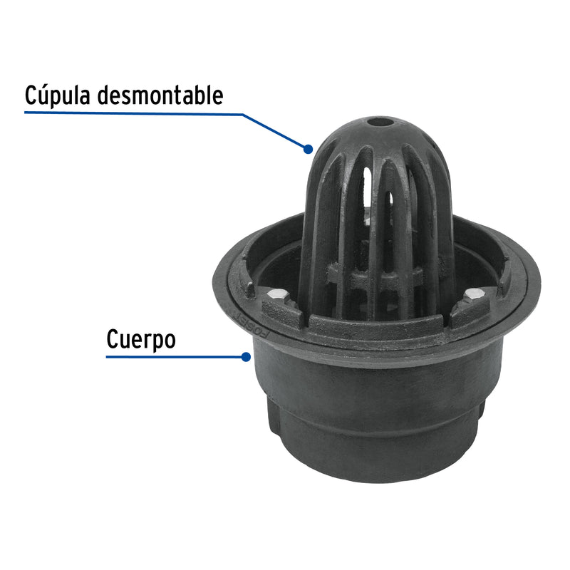 Coladera para azotea con cúpula y conexión a tubo de 4"