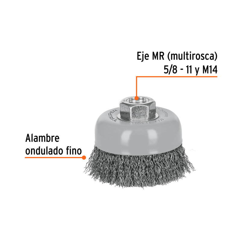Carda de copa, alambre ondulado fino, 3', Multi rosca