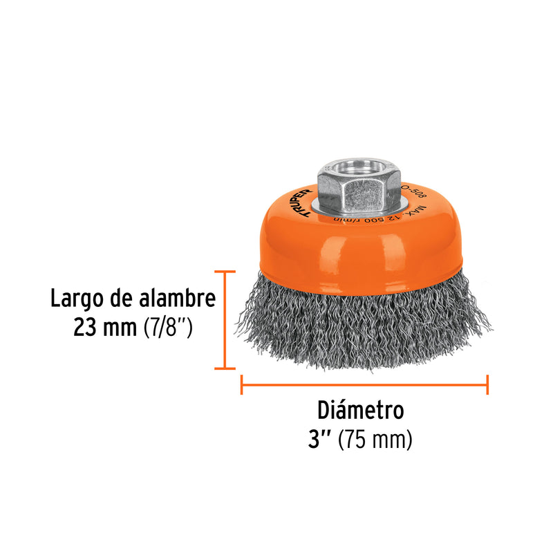 Carda de copa, alambre ondulado, 3" para esmeril