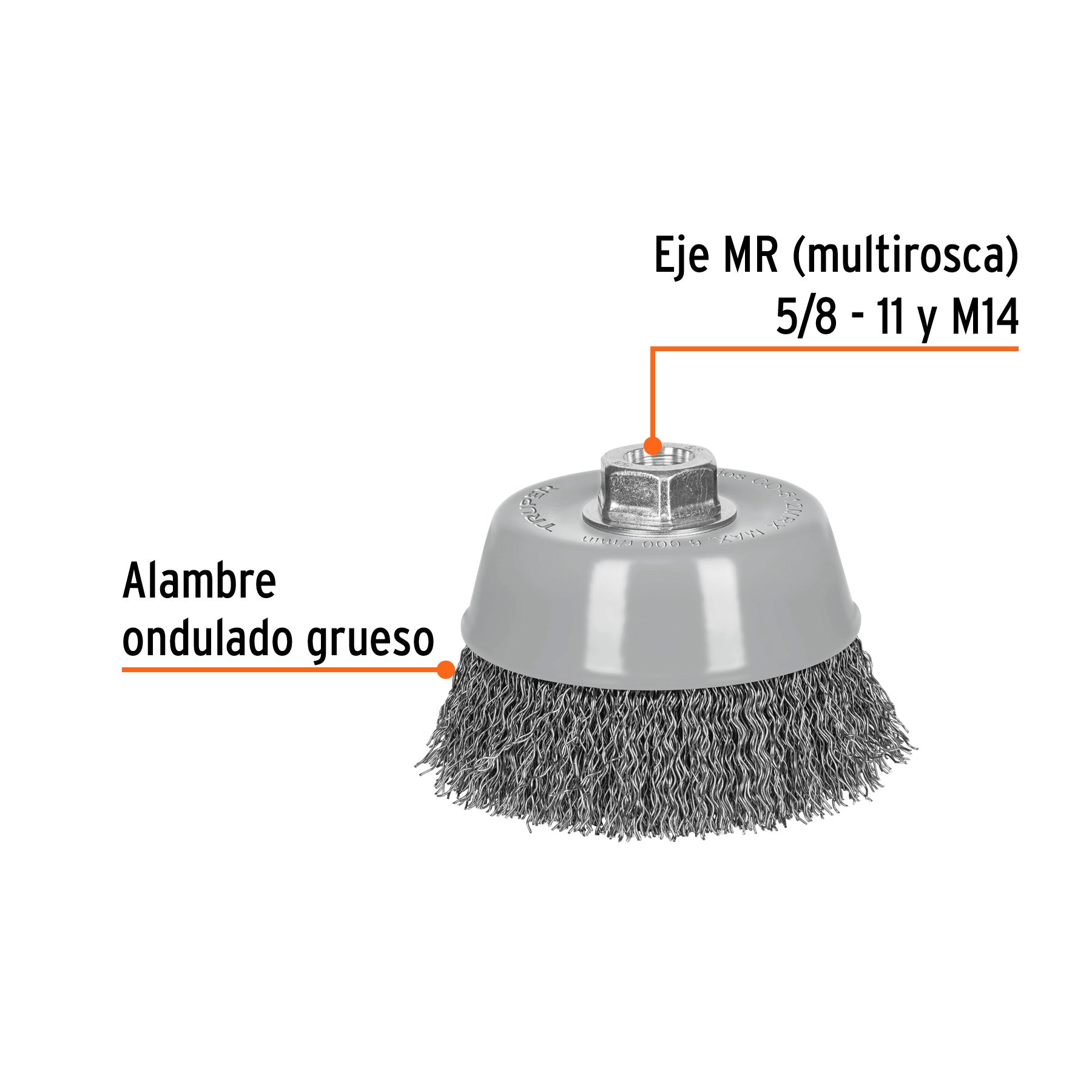 Carda de copa, alambre ondulado grueso, 5', Multi rosca