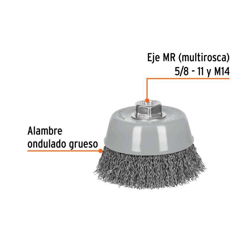 Carda de copa, alambre ondulado grueso, 5', Multi rosca