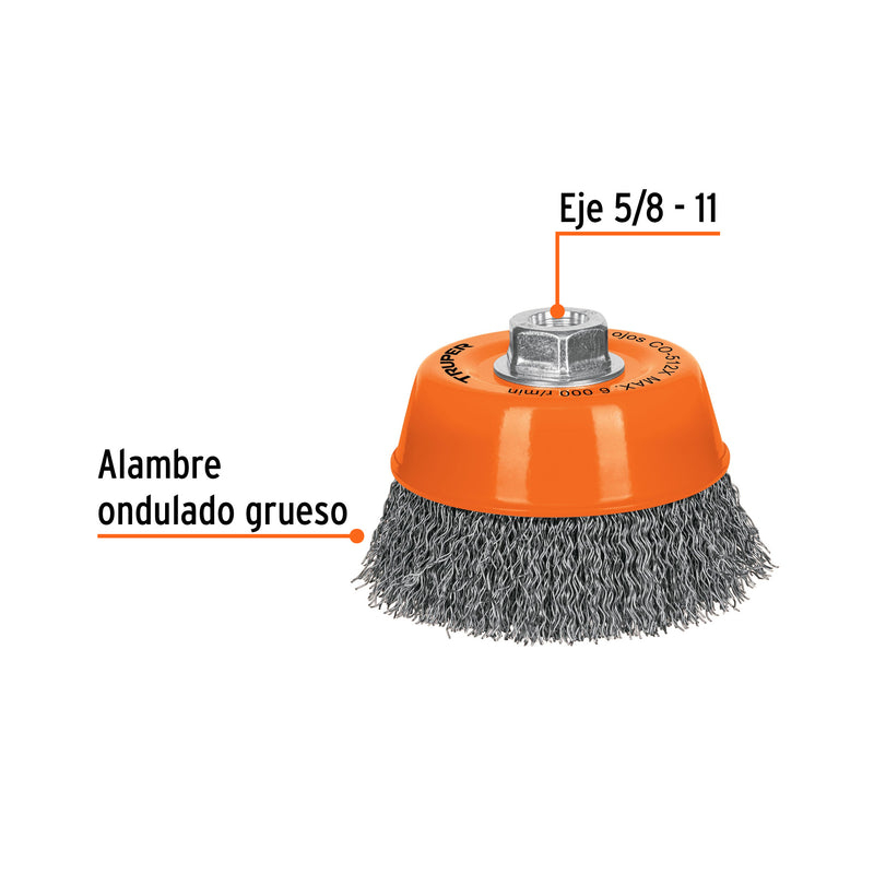 Carda de copa, alambre ondulado grueso, 5x5/8" para esmeril