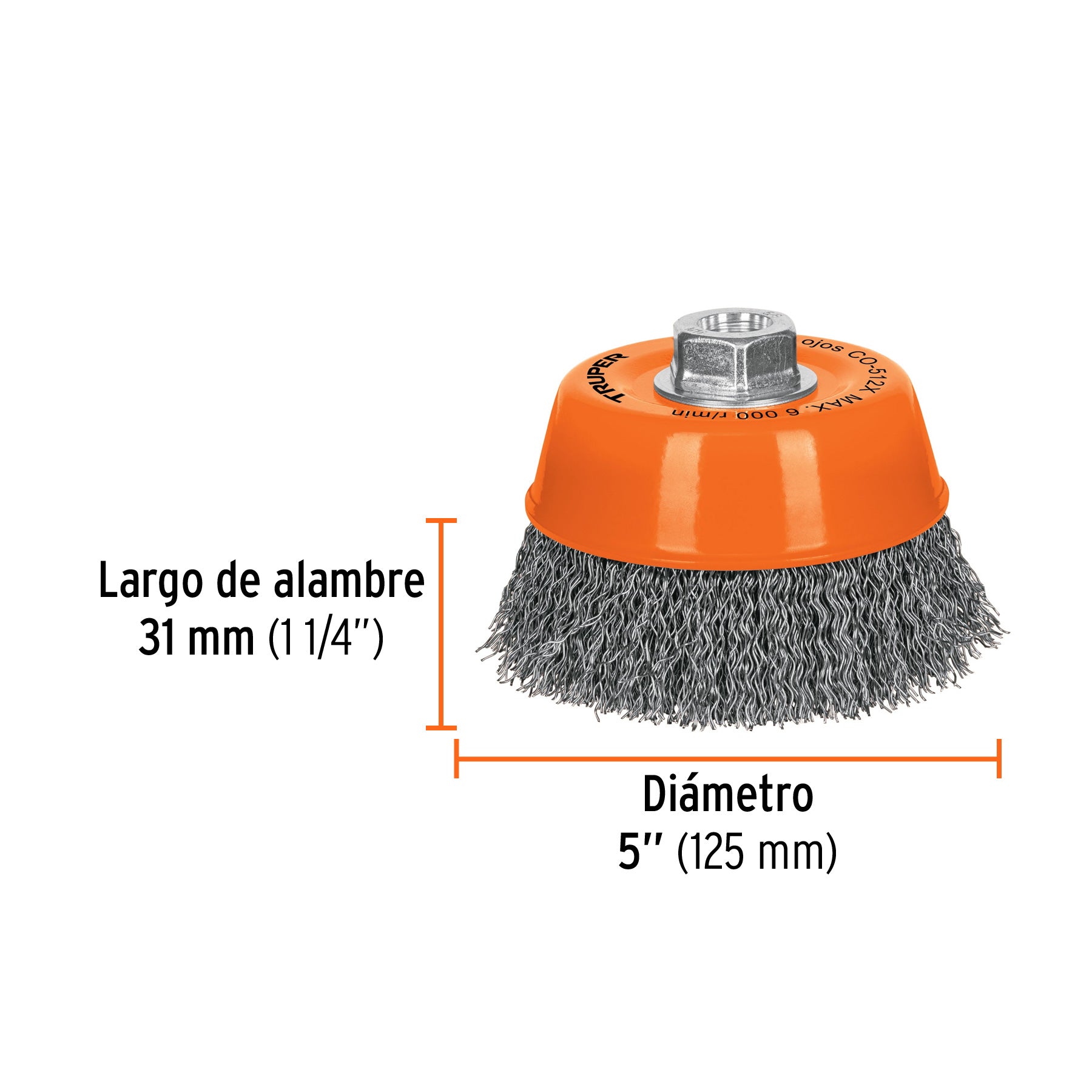 Carda de copa, alambre ondulado grueso, 5x5/8" para esmeril