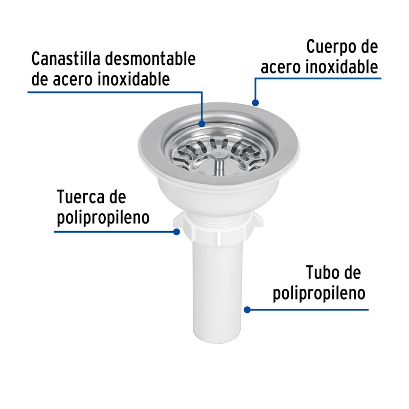 Contracanasta 3-1/2' inox, instalafácil, tubo plástico,Foset