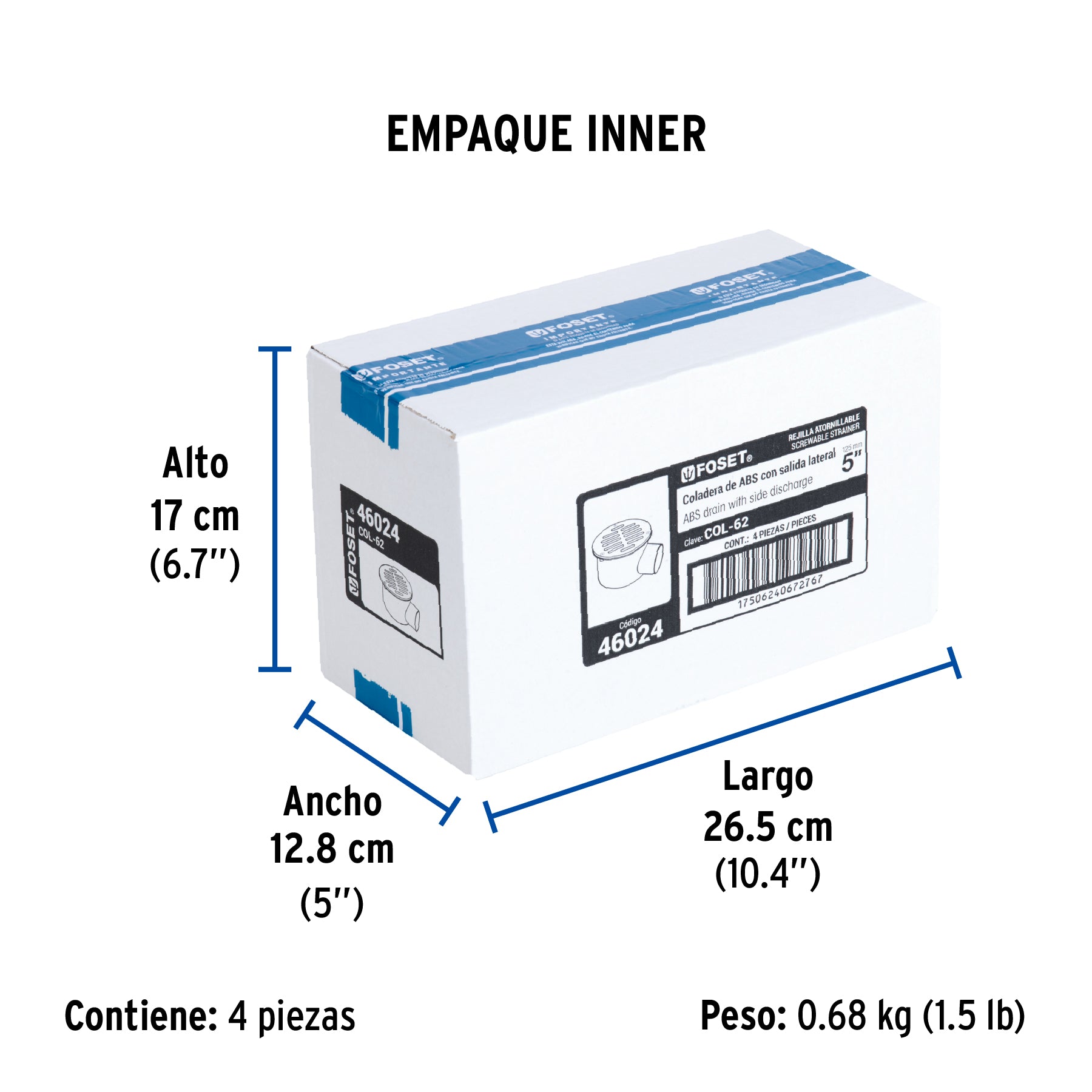Coladera ABS 5", salida lateral 2", rejilla con 3 tornillos