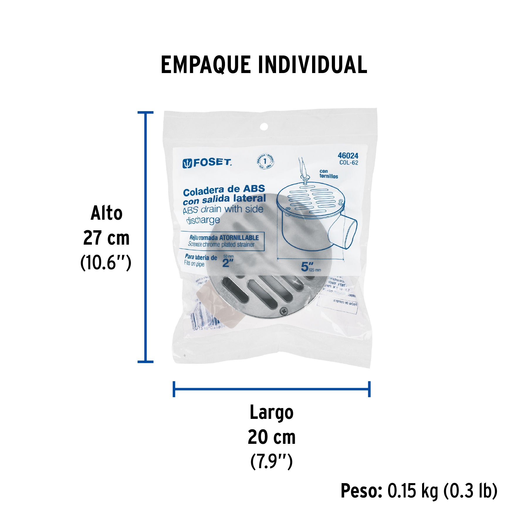 Coladera ABS 5", salida lateral 2", rejilla con 3 tornillos