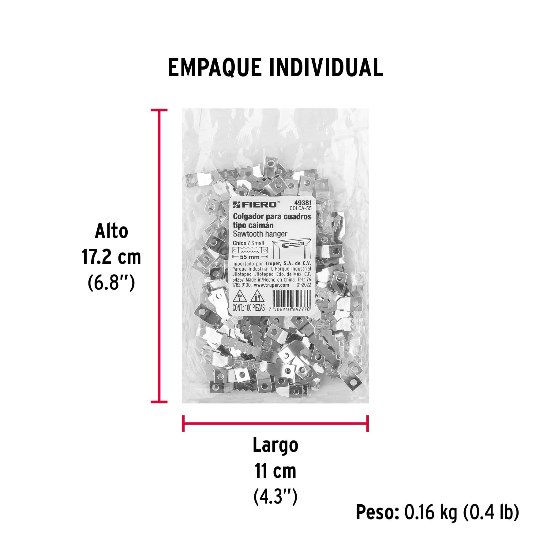 Bolsa con 100 colgadores de 55 mm tipo caimán, Fiero
