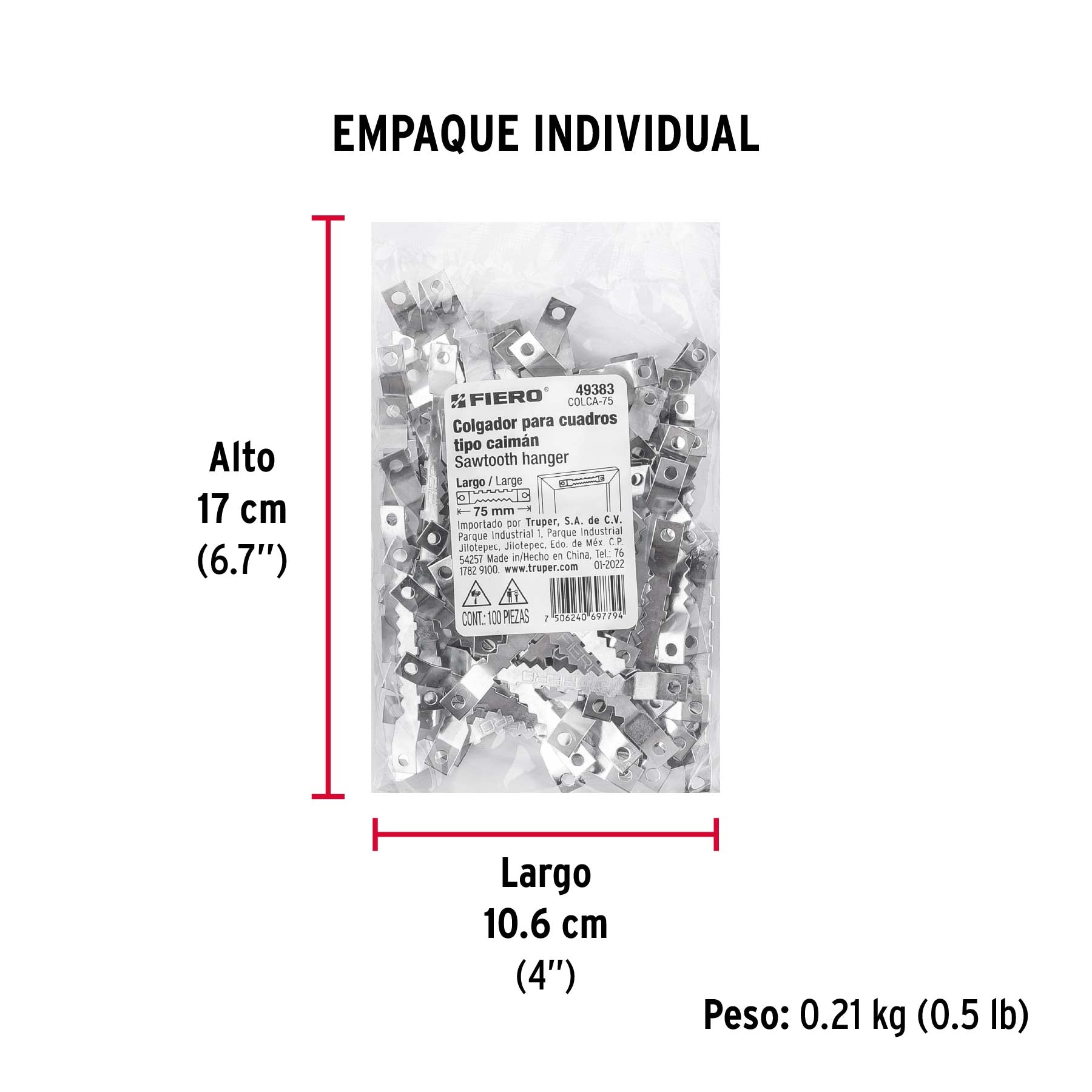 Bolsa con 100 colgadores de 75 mm tipo caimán, Fiero