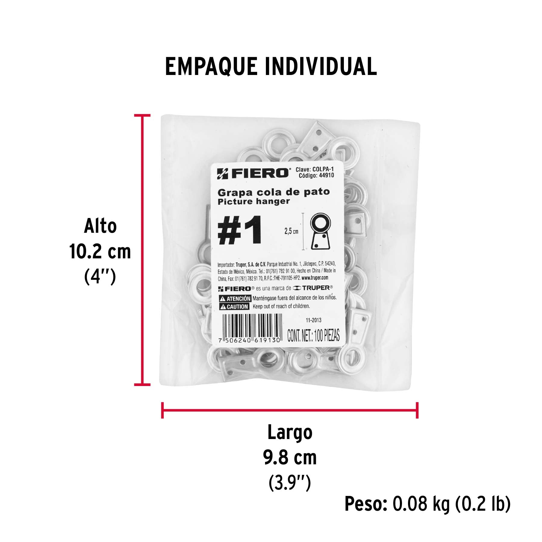 Cola de pato #1, 2.5 cm, bolsa 100 piezas
