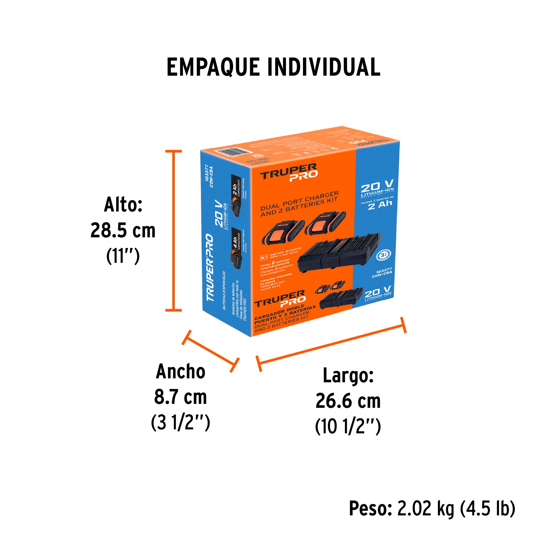 Combo cargador dual con 2 baterías de 2Ah, 20V, TRUPER PRO