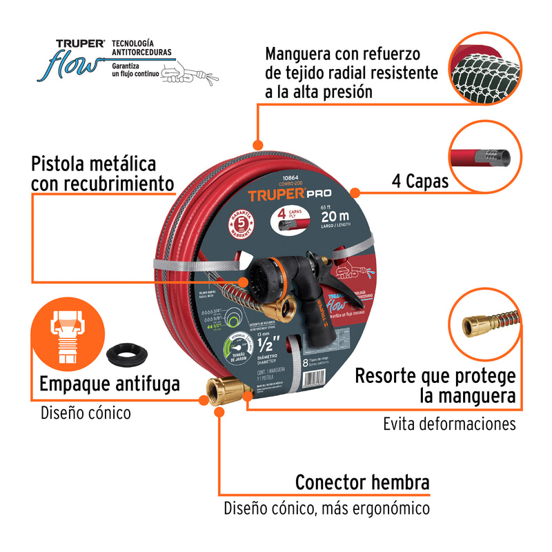 Combo de manguera MAN-20X1/2X y pistola PR-208, 20 m