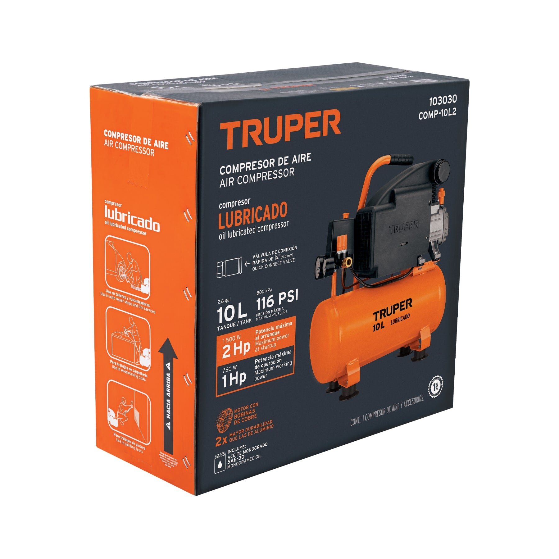 Compresor horizontal 10L, 2 HP (potencia máxima), 127 V